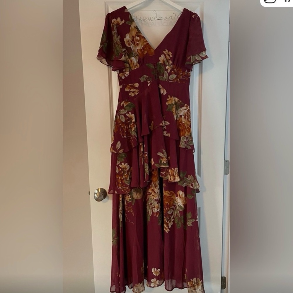 Lulu's Midnight Mood Burgundy Floral Tiered Maxi Dress - Size L Romantic Formal - Picture 6 of 8